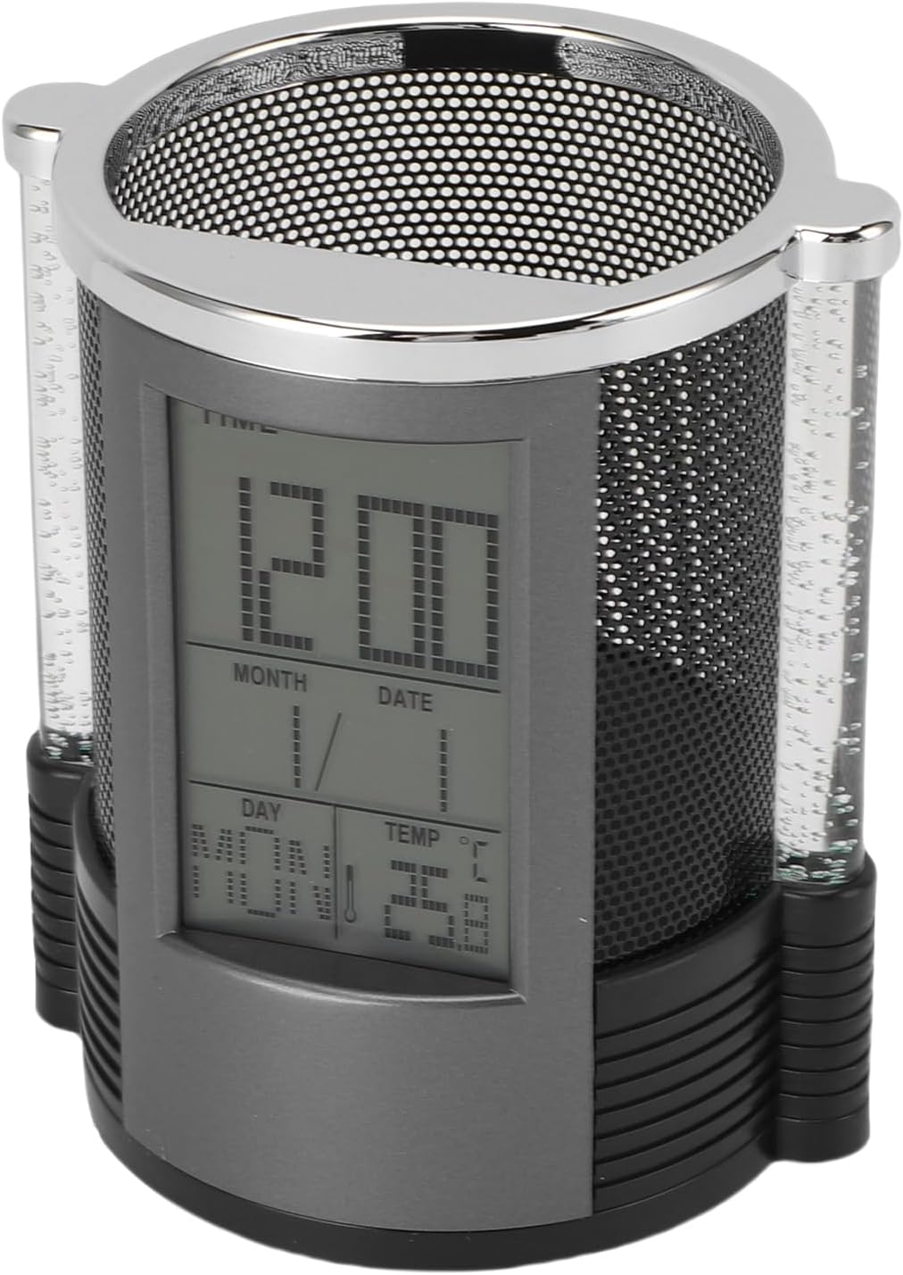 Perpetual Calendar Pen Holder, Digital Clock Desk Pencil Holder with Multicolor Light, Temperature in Fahrenheit & Celsius, Time, Date, Day of Week for Clear Electronic Display