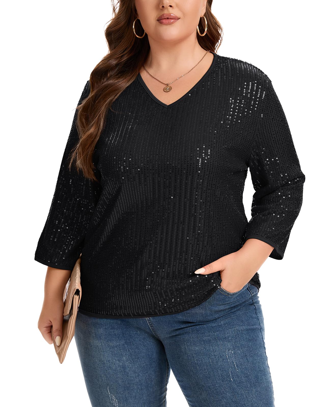 XL-5XL Grande taille Chemisier à paillettes T-shirt Femmes Haut à paillettes étincelantes Col en V Doublé Manches 3/4 Vêtements de soirée décontractées