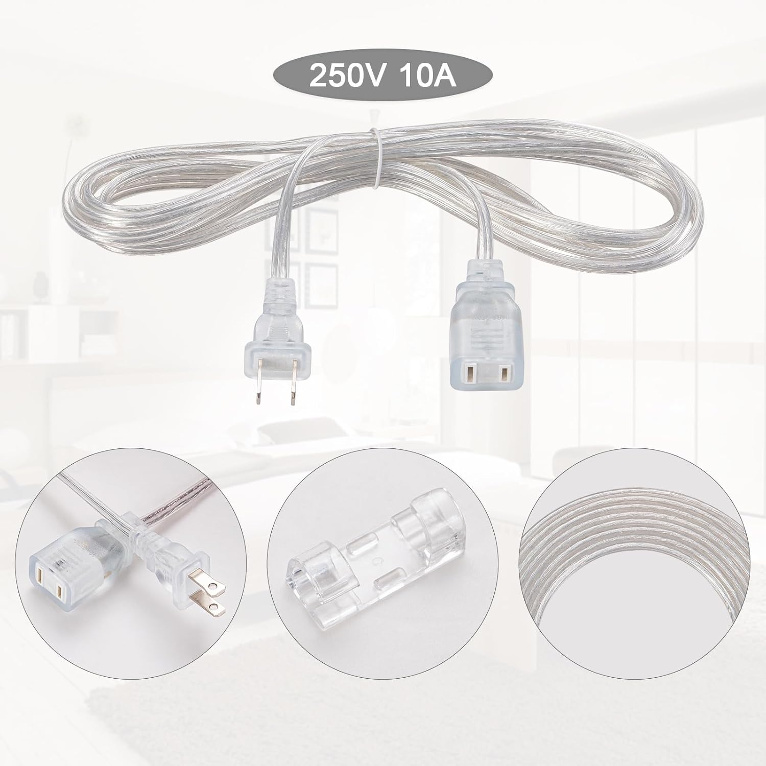 GoYeel 2 Part Clear Extension Cord, Thin Extension Cable White 10 ft 2 Prong Extension Cord Male and Female, Lightweight Power Extension Cable 250V 10A with Complimentary 8 Clips
