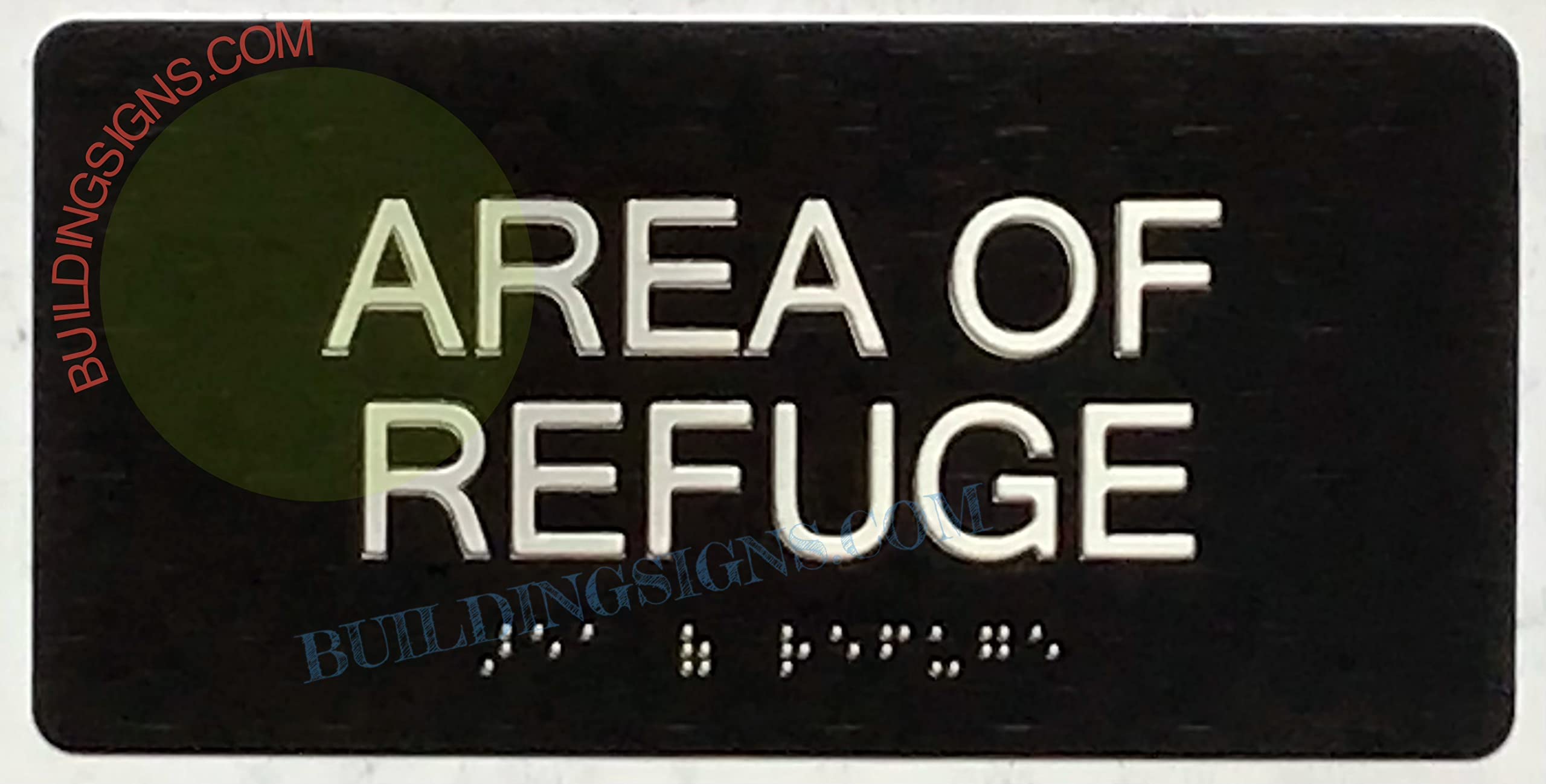 AREA OF REFUGEE SIGN Braille Sign with Raised Tactile Graphics and Letters (Aluminum, Black, Size 4X8 INCH)-The Sensation line