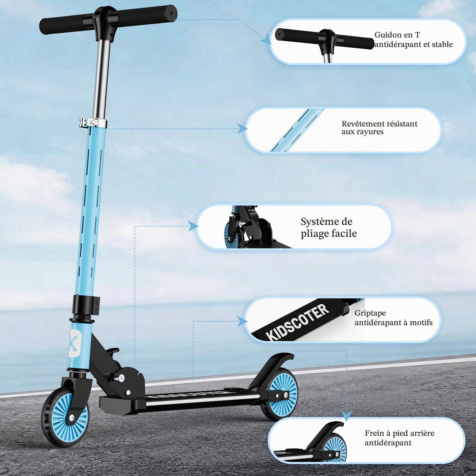 Trottinette à 2 roues pour enfants de 3 à 12 ans, roues lumineuses et tige à DEL, hauteur réglable et pliable, trottinette de sport légère pour filles et garçons avec béquille