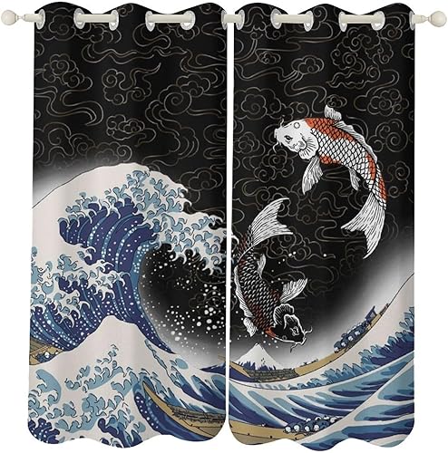 Cortinas opacas vintage Koi, telón de fondo negro retro noble, ondas, estilo japonés, decoración de ventanas, cortinas opacas con ojales para