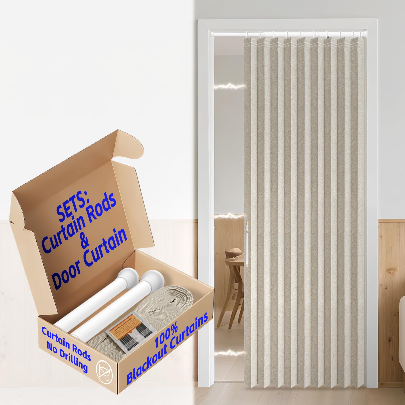 AJAZZ Door Curtain 100% Blackout Magnetic Door Curtain for Window Bedroom Door Area 1 Pack 44" W x 78" L Cream White with Rod
