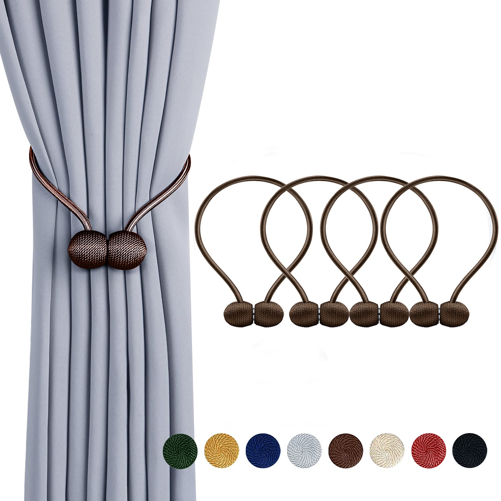 IHClink Strong Magnetic Curtain Tiebacks Decorative Curtain Holdbacks Holders Woven Curtain Ties Buckles Ropes for Drapes Window (Brown,4pcs)