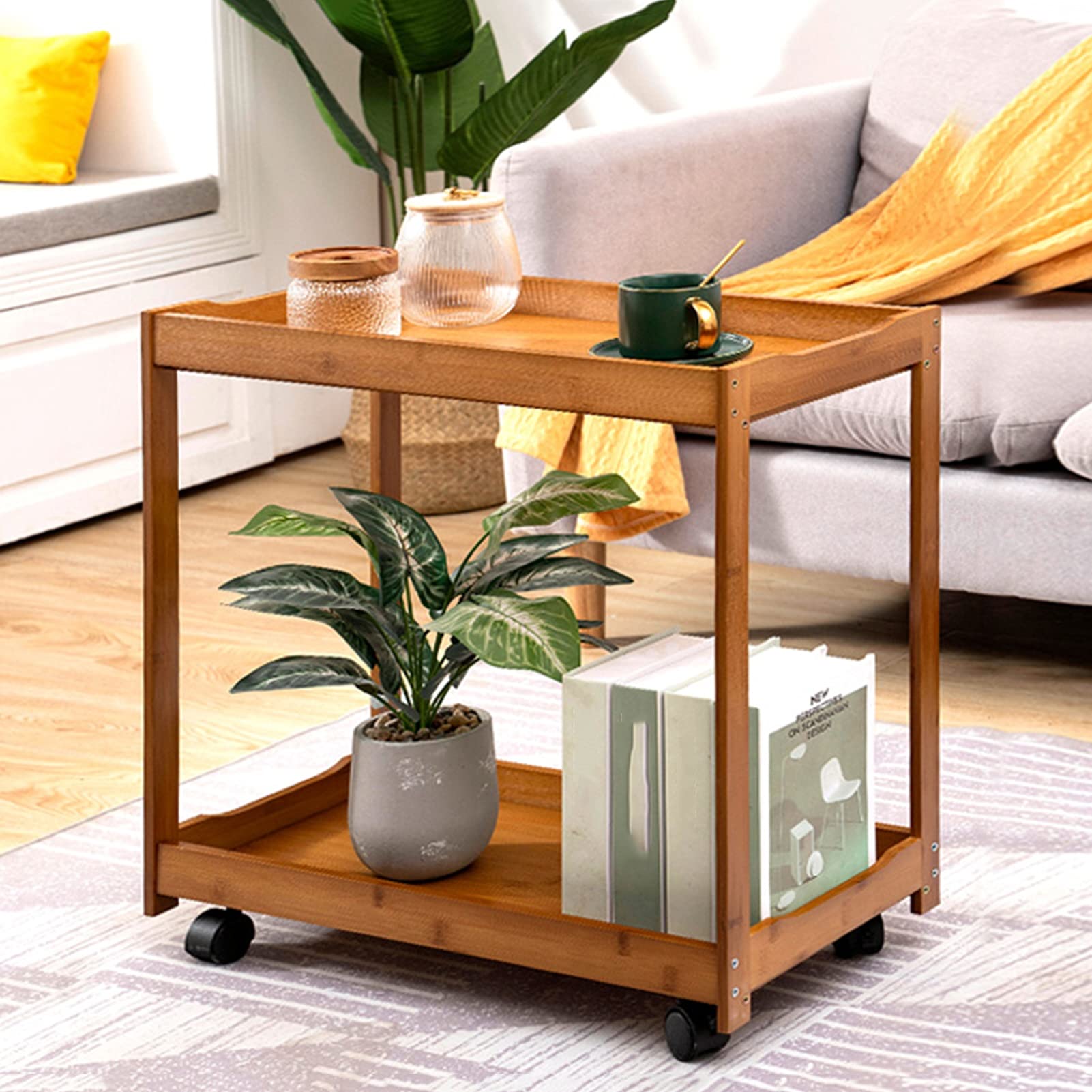 Mesa Camarera Carro de Servicio, Carro Almacenamiento Madera Refuerzo Borde Rueda Universal con Freno 360 ​​°, Rack Almacenamiento 2 Niveles Teniendo 50KG El Lado del Sofá