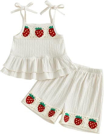 Kayotuas Toddler Baby Girl Summer Outfits Crochet Sleevless Ruffle Tank Top Dress and Bermuda Shorts Set Vintage Boho Clothes