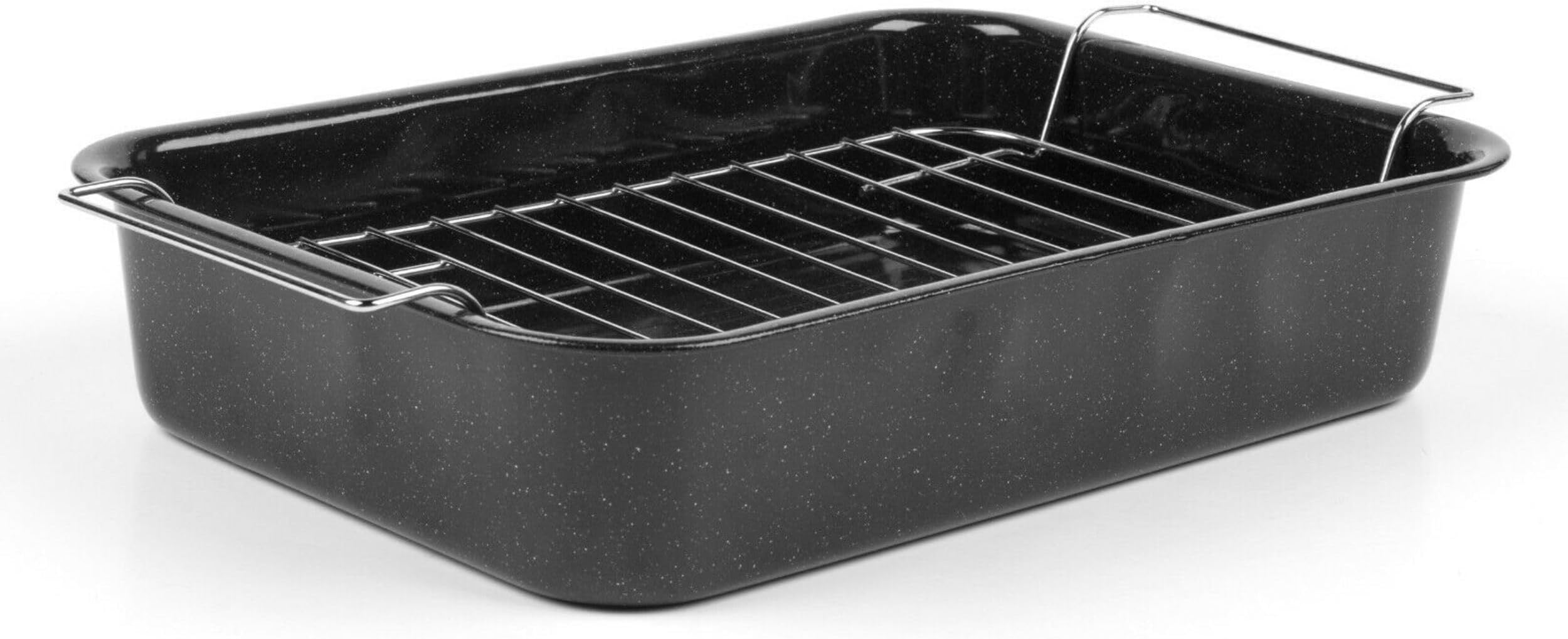 CW9161 Romano 34 cm Roaster - Vitreous Enamel Deep Baking Pan with Rack, Durable Steel Ovenware, Grilling Rack, Easy to Clean, Rectangular Oven Dish, Dishwasher Safe, Black