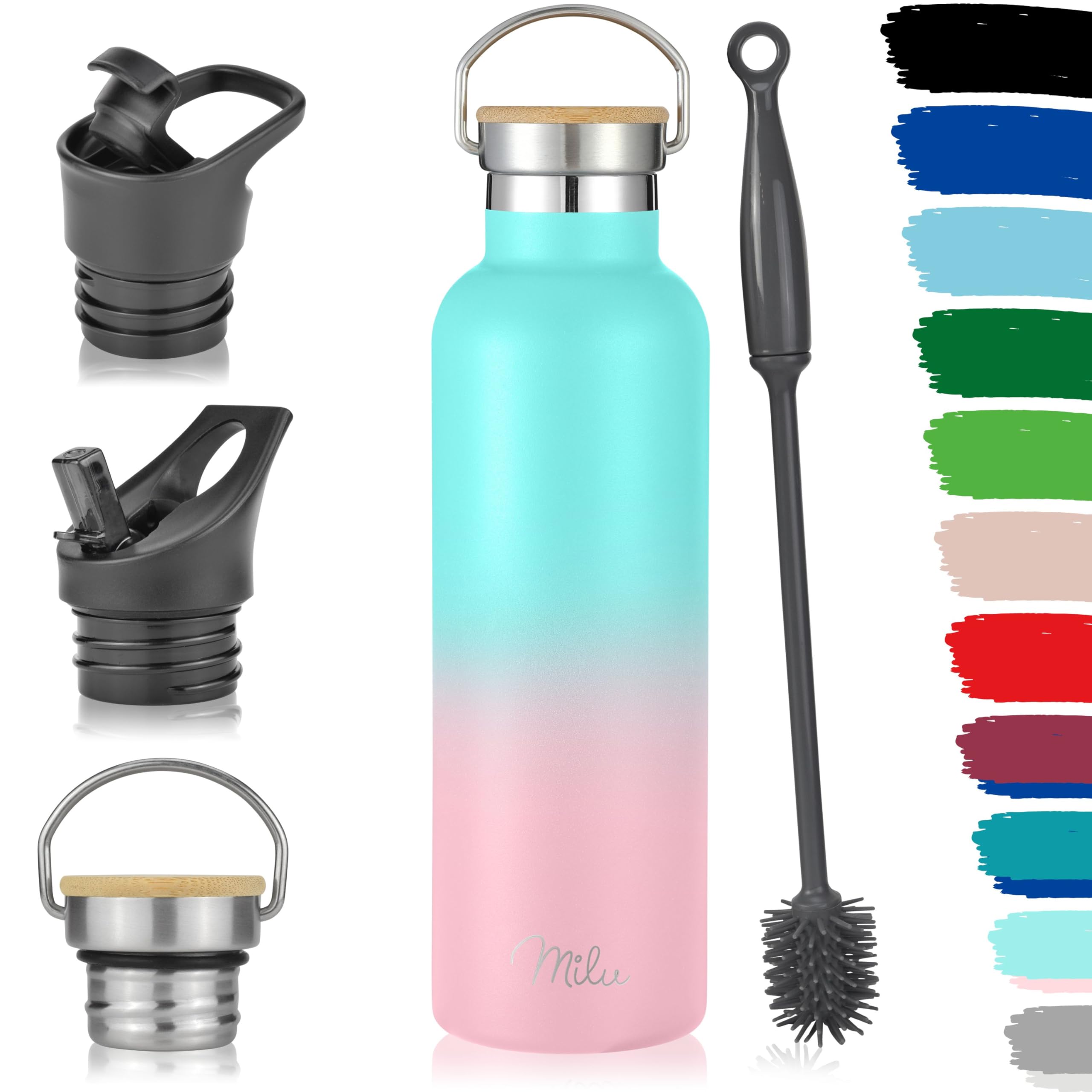 Milu Stainless Steel Drinking Bottle 350ml, 500ml, 750ml, 1l (+3 Lids), Thermo Bottle with Straw, Water Bottle
