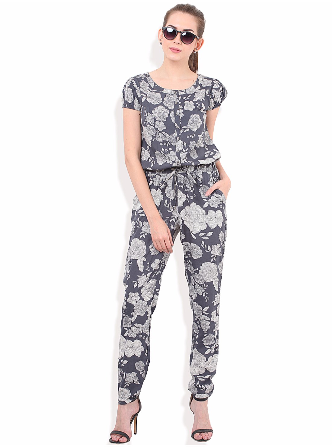 PORSORTEWomen's Polyester Floral Print Grey Off White Jumpsuit
