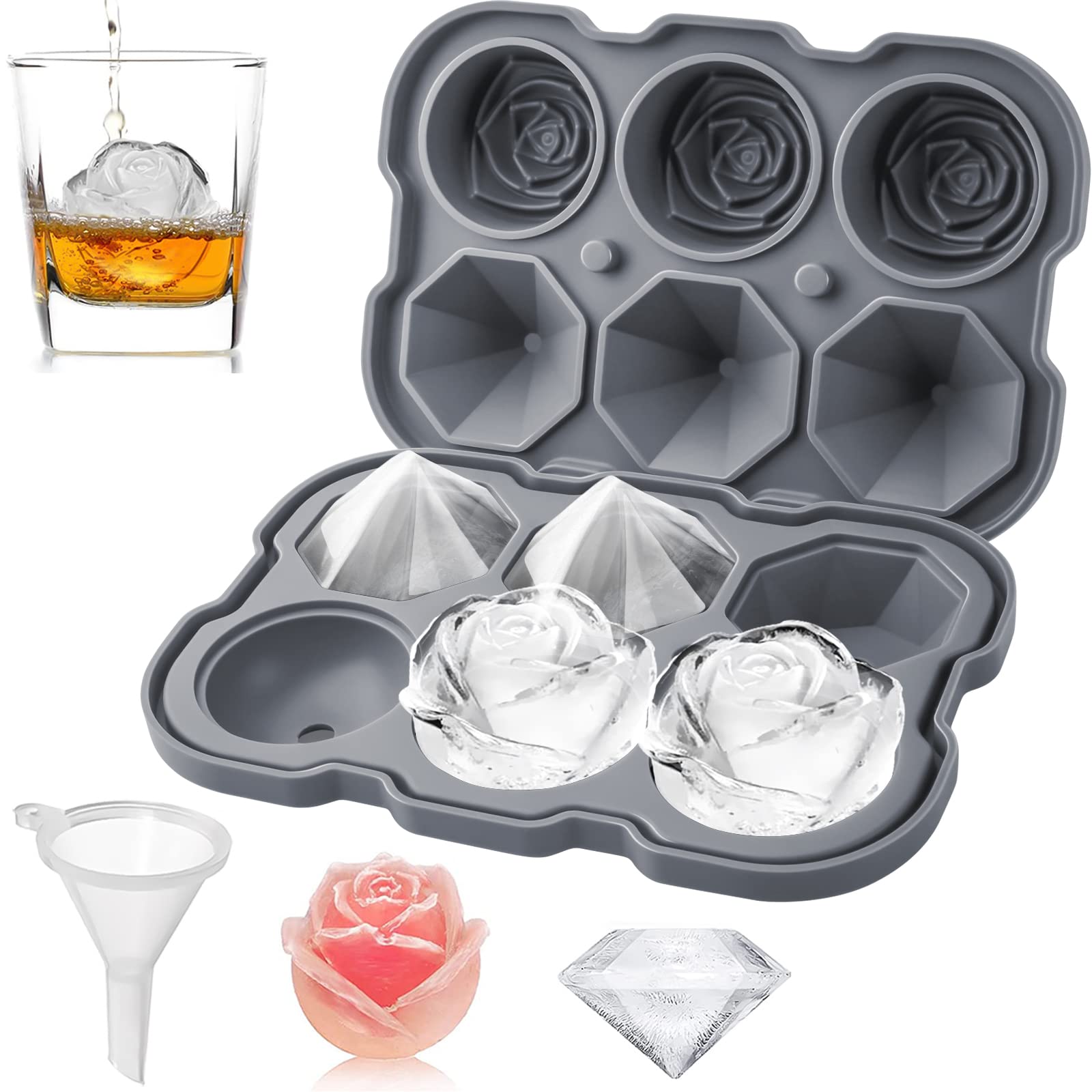 Bandeja de cubitos de hielo, bandejas de cubitos de hielo rosa de 2 pulgadas con tapas, bandeja de hielo de rosas de silicona de 3 cavidades y máquina de 3 bolas de hielo de diamante, forma
