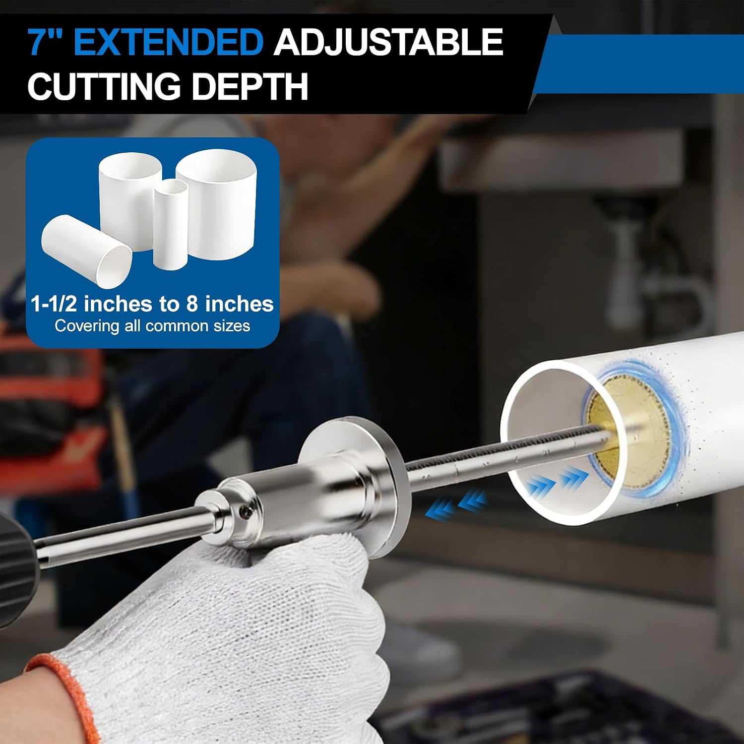 PVC Internal Pipe Cutter, with Diamond Grit Cutting Wheel and Handle,1/4in Hex Shank Fit,7 Inch Adjustable Cutting Depth for Impact Drivers