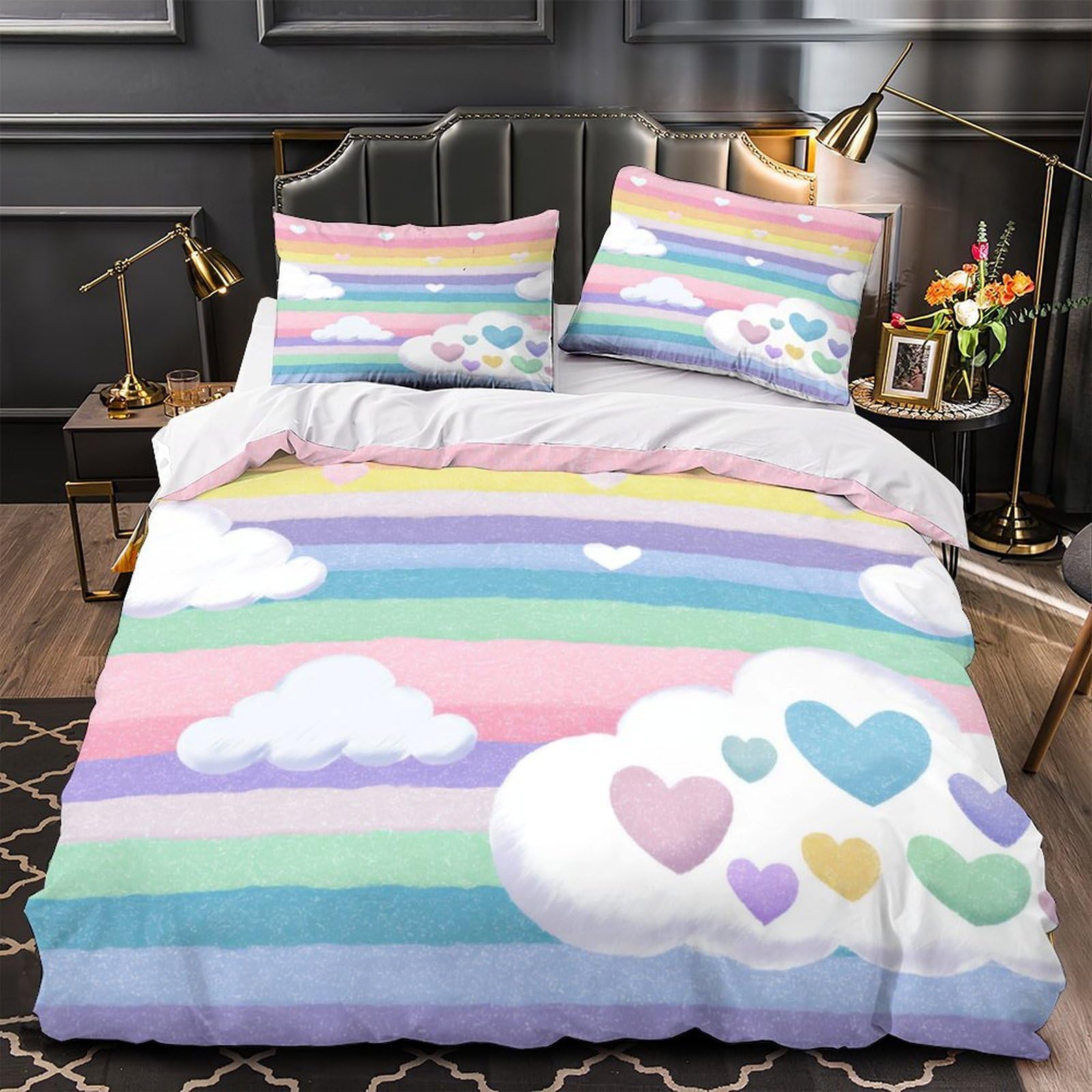 Housse de couette anti-pli et hypoallergénique parure de lit douce arc-en-ciel