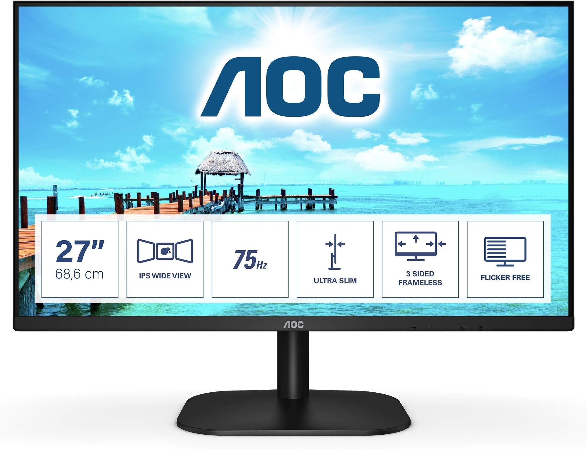 AOC27B2H 68 cm (27 Zoll) Monitor (VGA, HDMI, 1920 x 1080 Auflösung, 75 Hertz, 5 ms Reaktionszeit) Schwarz