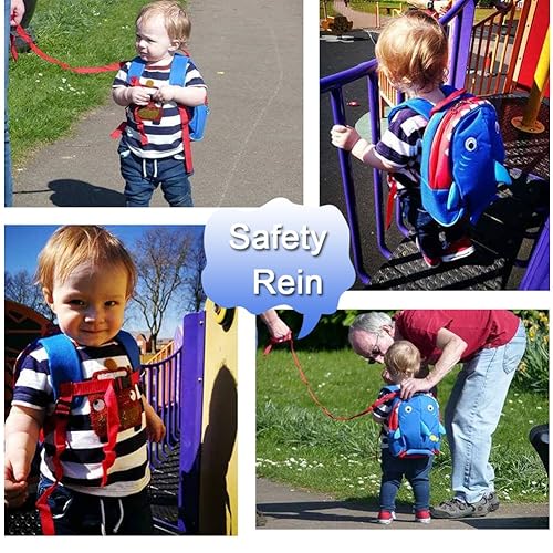 Miniatura 2 de Yodo, Bolsa para almuerzo aislada y mochila preescolar infantil, con correa de arnés de seguridad para niños o niñas, Tiburón, azul marino