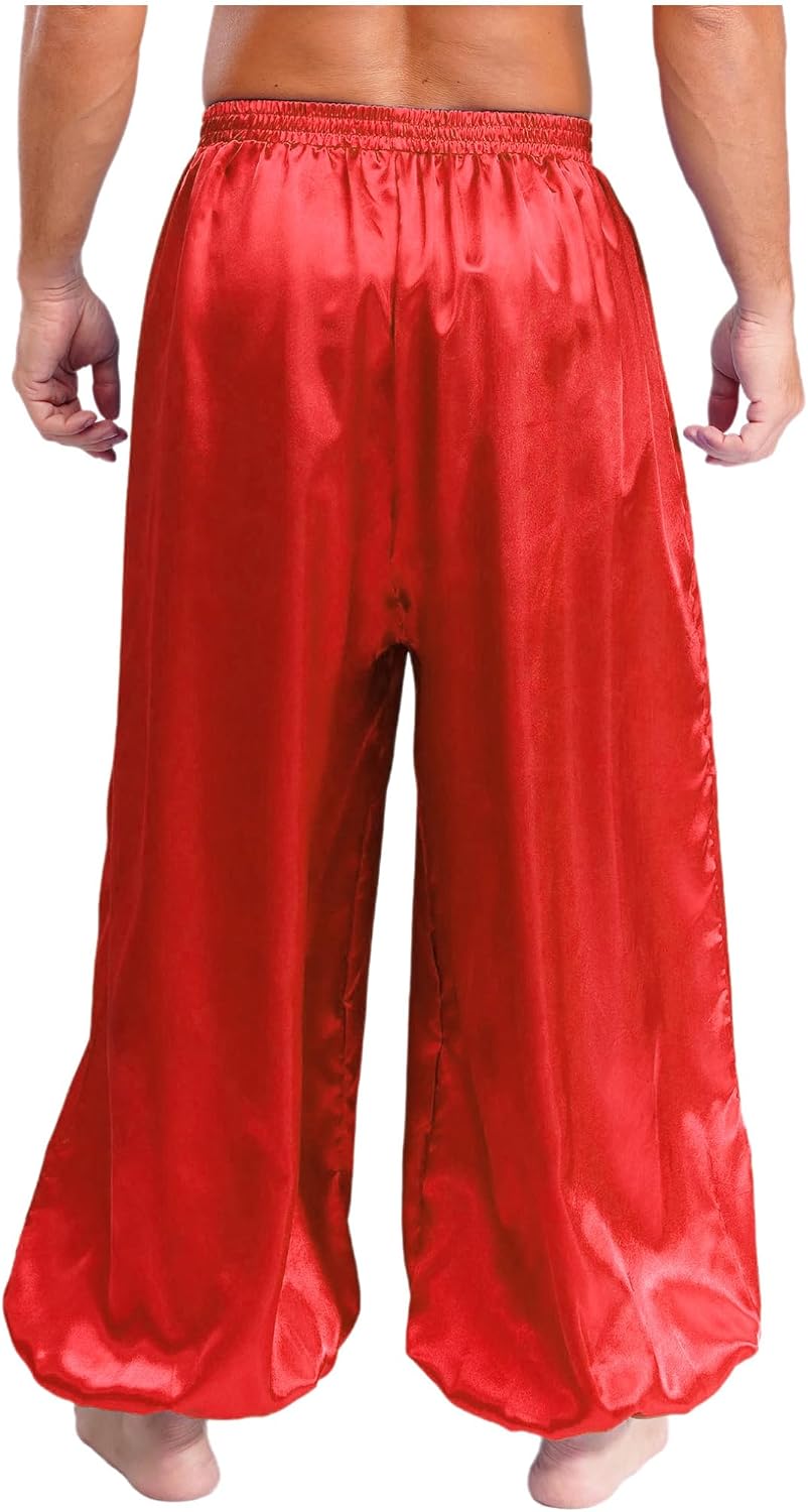 ACSUSS Mens Halloween Arabian Prince Trousers Shiny Satin Elastic Waist Gold Trim Lantern Pants