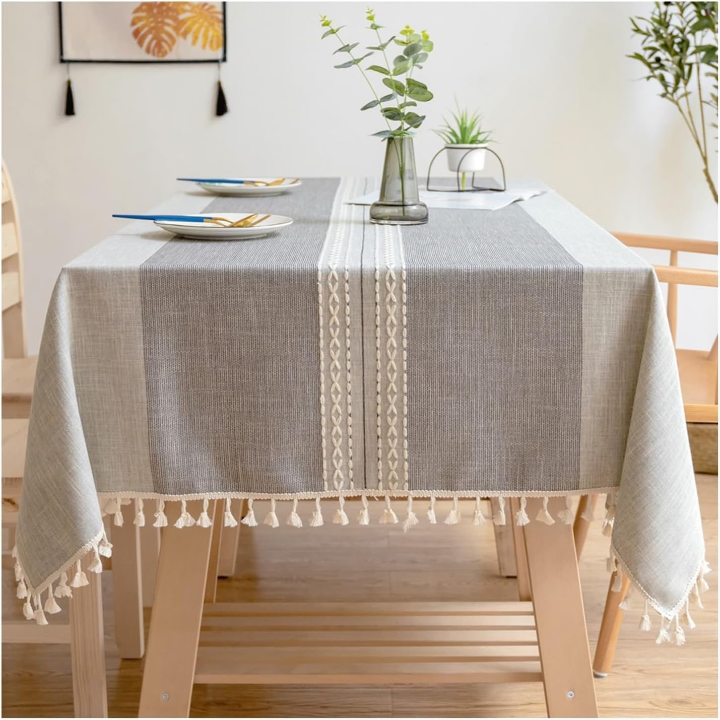 Tablecloths Rectangular 140x180 CM(55x71 Inch), Cotton Linen Table Cloth Cover Washable Symmetrical Stripes with Tassels Table Cover for Party, Picnic, Dining, Garden, Coffee