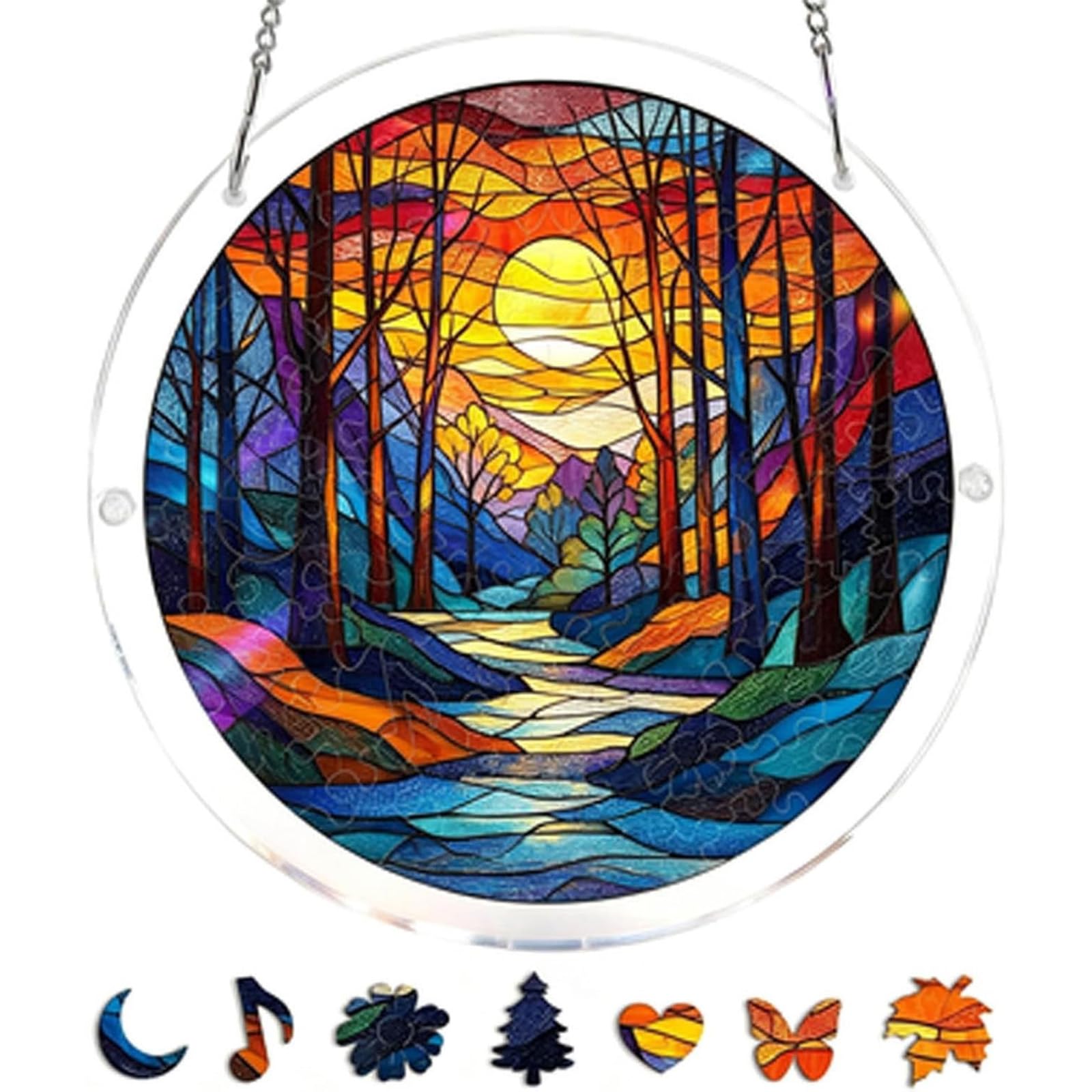 Acrylic Jigsaw Puzzle Suncatcher - Moonlit Riverscape,Window Suncatcher Acrylic Puzzle,83 Pieces Suncatcher Kits For Adults, Home Decor Gift For Women Men Mom Birthday Gift (E, M-8.2IN)