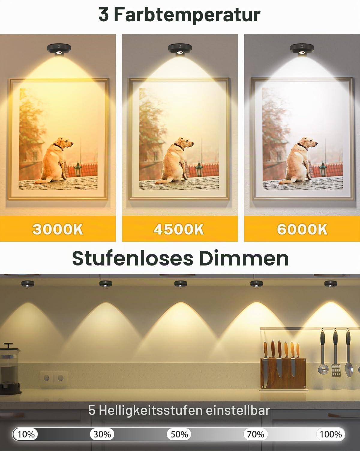 WILLED Bilderleuchte akku, Kabellose Bildleuchte mit Fernbedienung, LED licht Spots, Wiederaufladbare mit 3 Farbtemperaturen, Dimmbar Bilderlampe, Vitrinenbeleuchtung LED mit Timing Funktion(3er Pack)