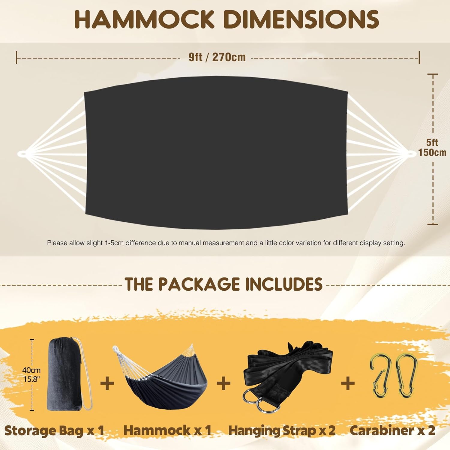 ANYOO Cotton Hammock Portable Camping Hammocks for Hanging Sturdy Garden Comfortable Fabric Hammock with Tree Straps Up to 660lbs with Travel Bag for Camping Outdoor/Indoor Patio Backyard Dark Grey