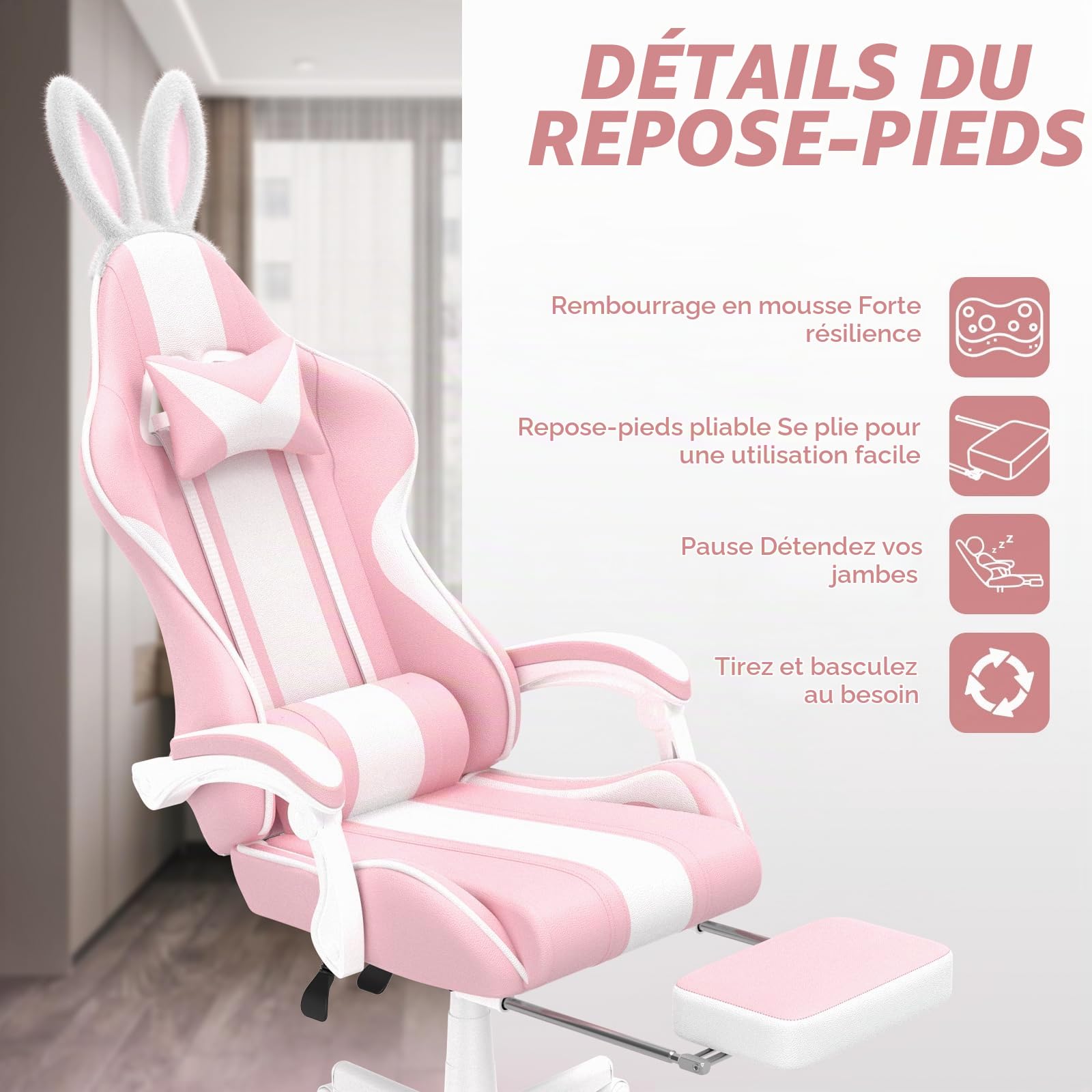 Chaise Gaming Ergonomique avec Repose-Pieds Rétractable, Gaming Chair avec Oreilles et Queue de Chat, Fauteuil Gamer en Tissu avec Massage Lombaire, Appui-Tête, Hauteur Réglable, Roulettes PU, Rose