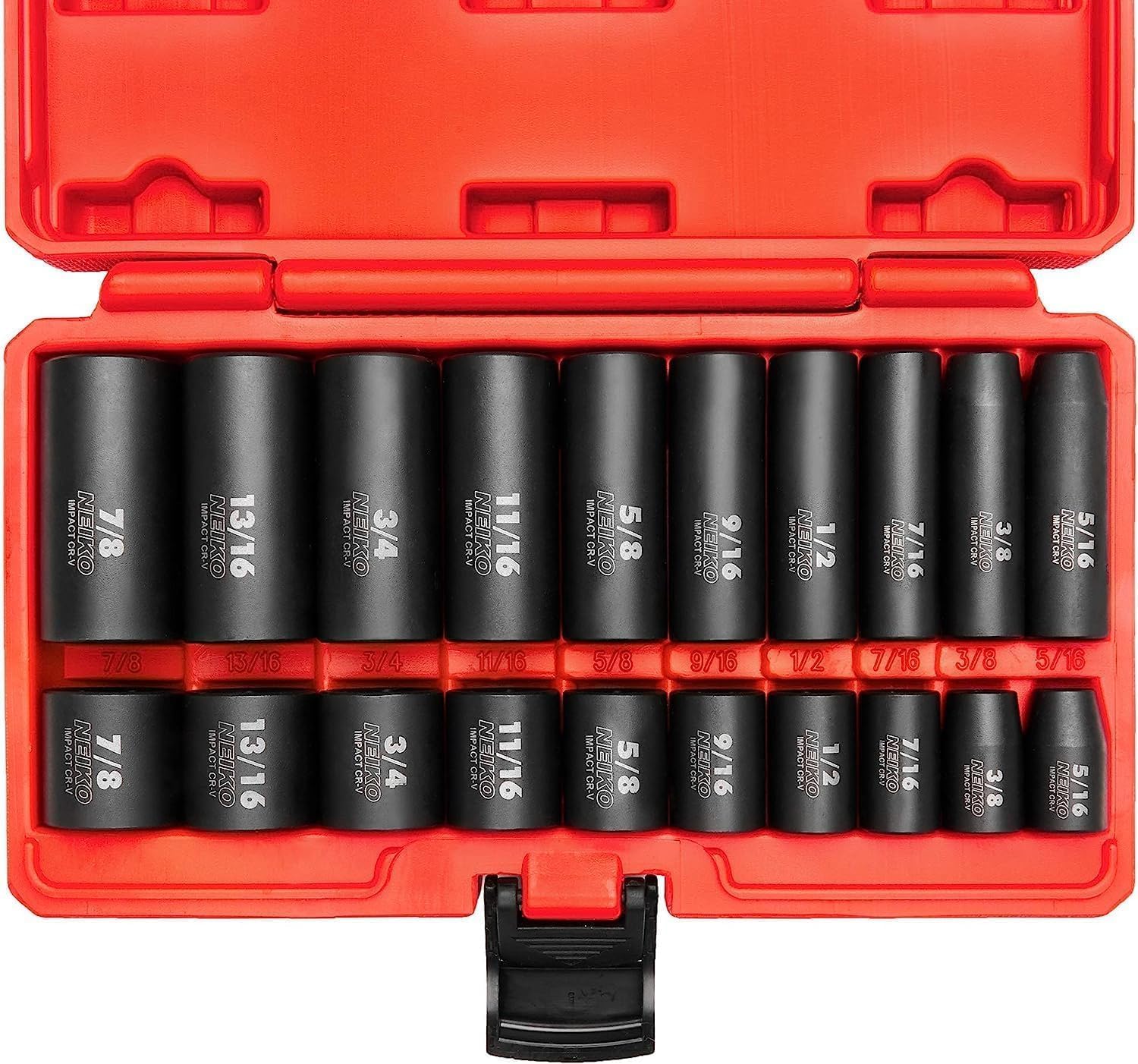 NEIKO 02434A 3/8-Inch-Drive Standard and Deep Impact Socket Set, 6-Point SAE Sizes from 5/16" to 7/8", CrV Steel, 20 Pieces