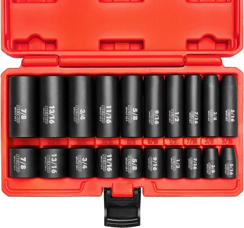 NEIKO 02434A Juego de vasos de impacto estándar y profundo con accionamiento de 3/8 pulgadas, tamaños SAE de 6 puntos de 5/16" a 7/8", acero CrV, 20 piezas