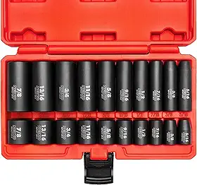 NEIKO 02434A Conjunto de soquetes de impacto padrão e profundo de 9,5 mm (3/8 polegada), tamanhos SAE de 6 pontos de 1,6 cm a 2,2 cm, aço CRV, 20 peças