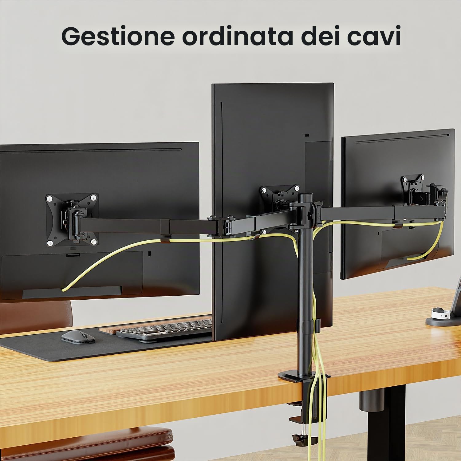 supporto per monitor 3 monitor per schermo piatto e curvo da 17-27 pollici, vesa 75 x 75 100 x 100 supporto da scrivania per 3 monitor, 7 kg/braccio, 2 metodi di installazione.