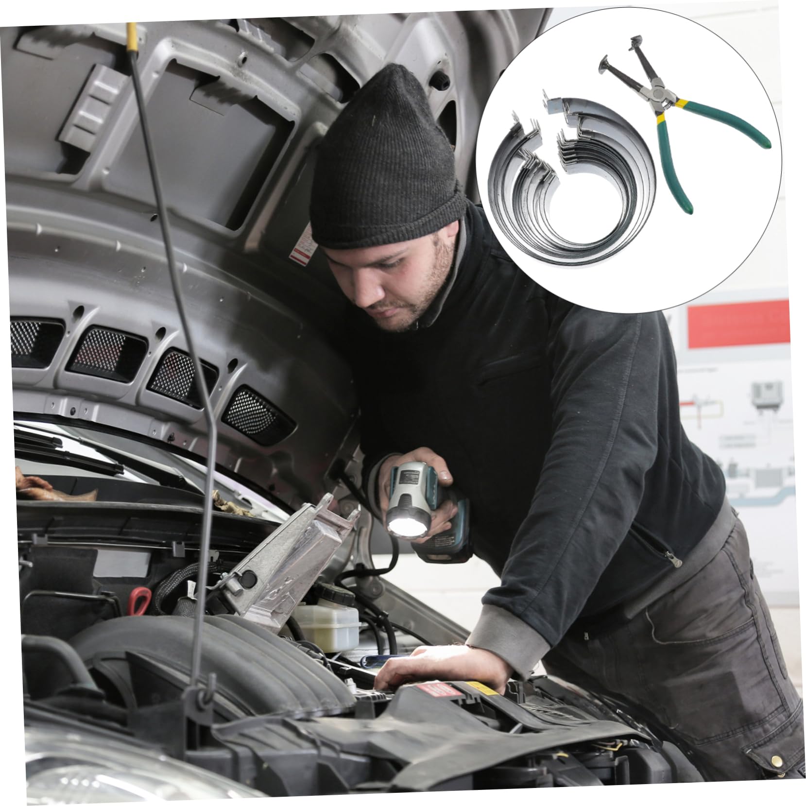 Cabilock Kit Attrezzi Compressore Anelli Pistone per Motori Auto Pinza in Acciaio al Carbonio e Serraggio Fine, Facile da Trasportare Custodia Inclusa