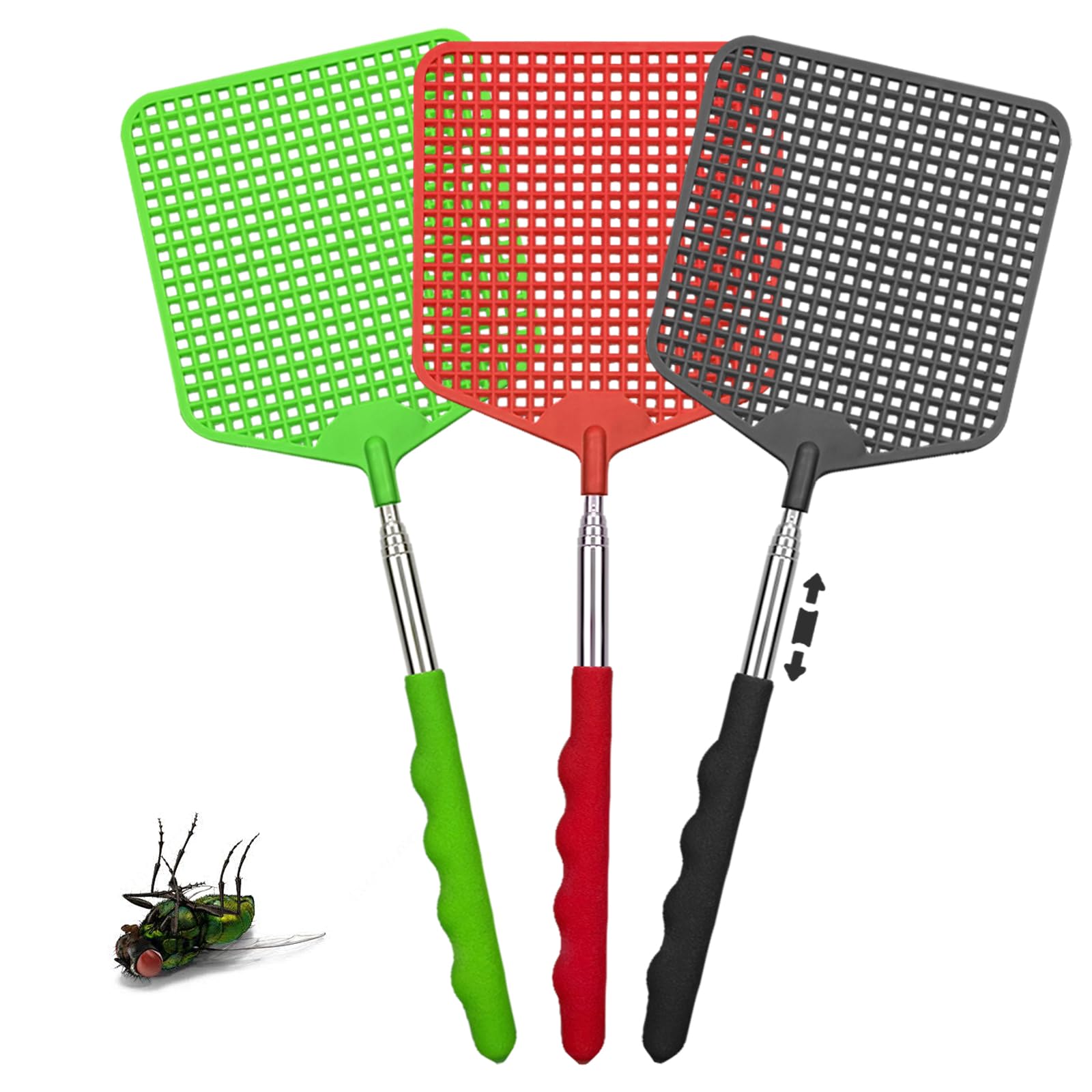 3 Pezzi paletta mosche,Estensibile Colorato Manuale Paletta Mosche,Portatile Scacciamosche Plastica,Paletta Mosche con Manico in Acciaio Inossidabile,per Mosche,Zanzare e Insetti(Negro,Verde,Rosso)