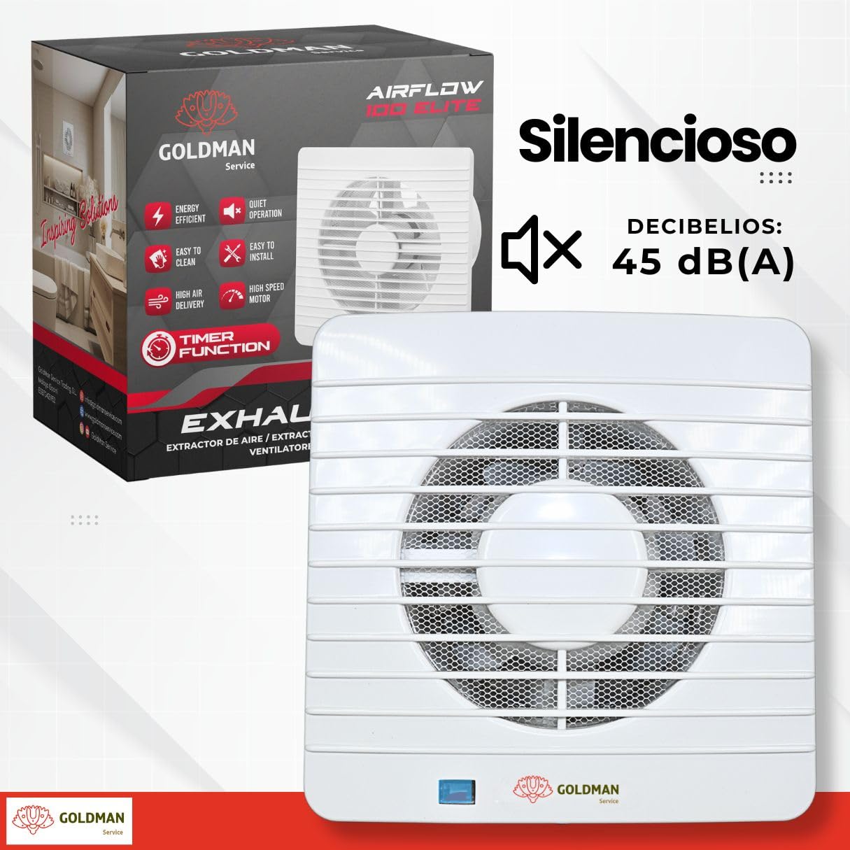 GOLDMAN SERVICE | Extractor de Baño Silencioso con Temporizador Ventilador Extractor de Aire Anti Humedad Olores Válvula Antirretorno y Mosquitera | Diámetro: 100 milímetros 12W
