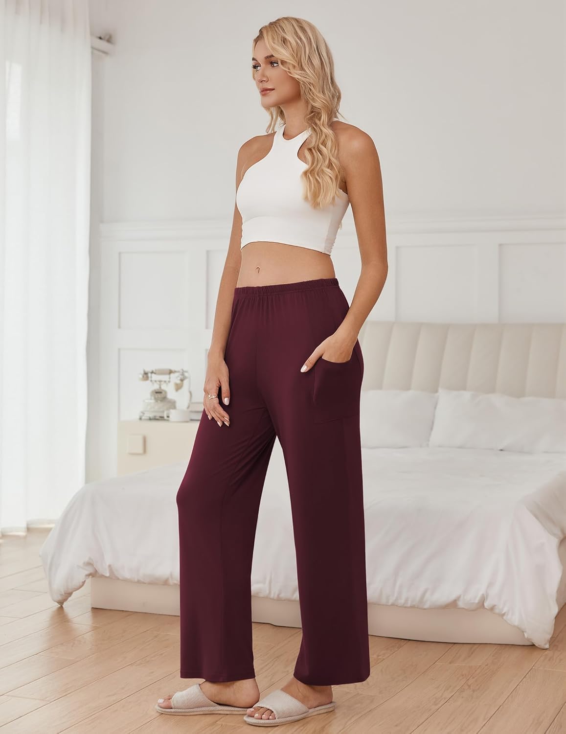 Ekouaer Pajama Pants for Women Soft Comfy Pajama Sleep Bottoms Casual Stretch Wide Leg Lounge Pants with Pockets - Image 3