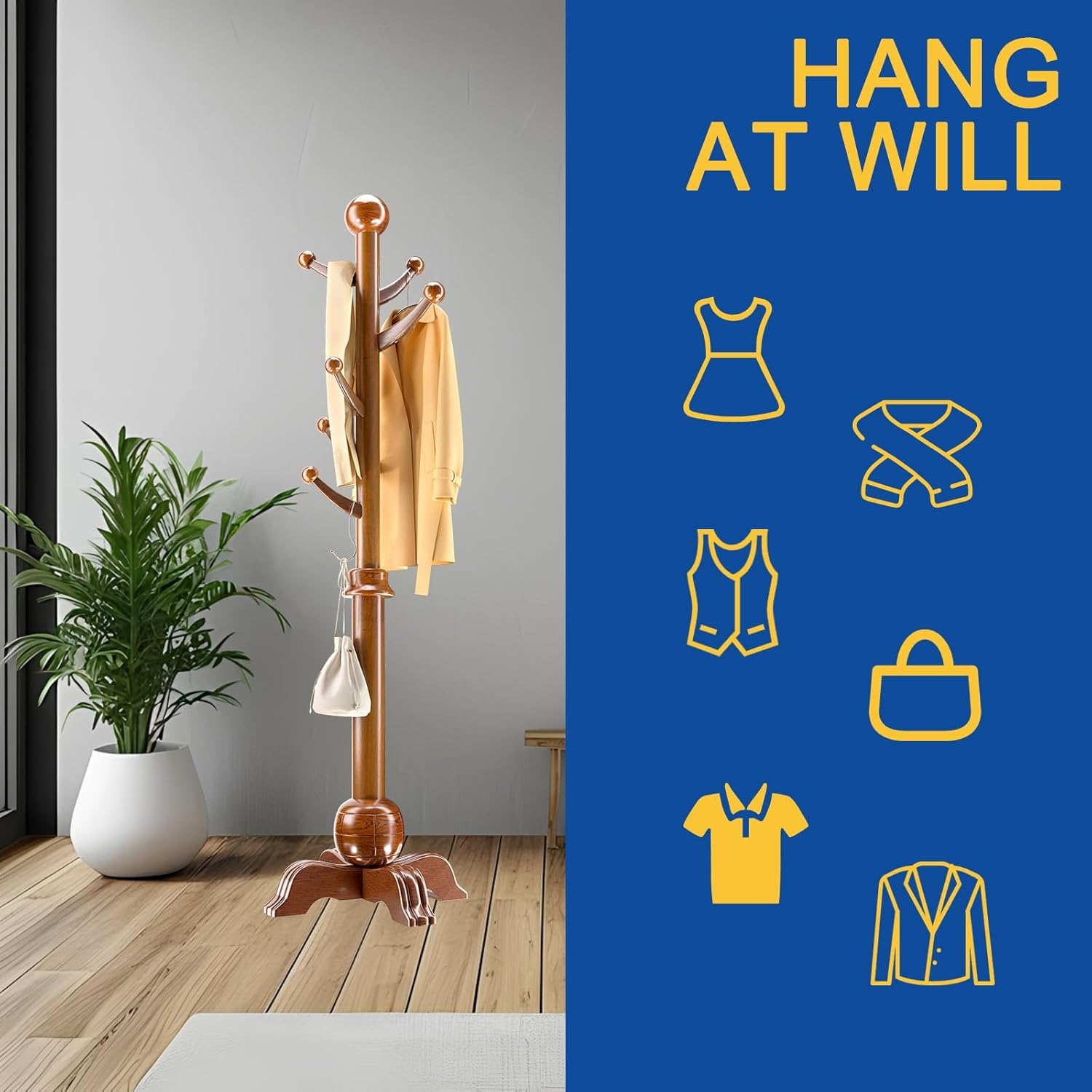 Solid Wood Coat Rack with 7 Rounded Hooks for Hanging, Tree Stand Coat Rack on Feet, Tree Shaped with 6 cm Thickened Main Pole, for Coats, Hats
