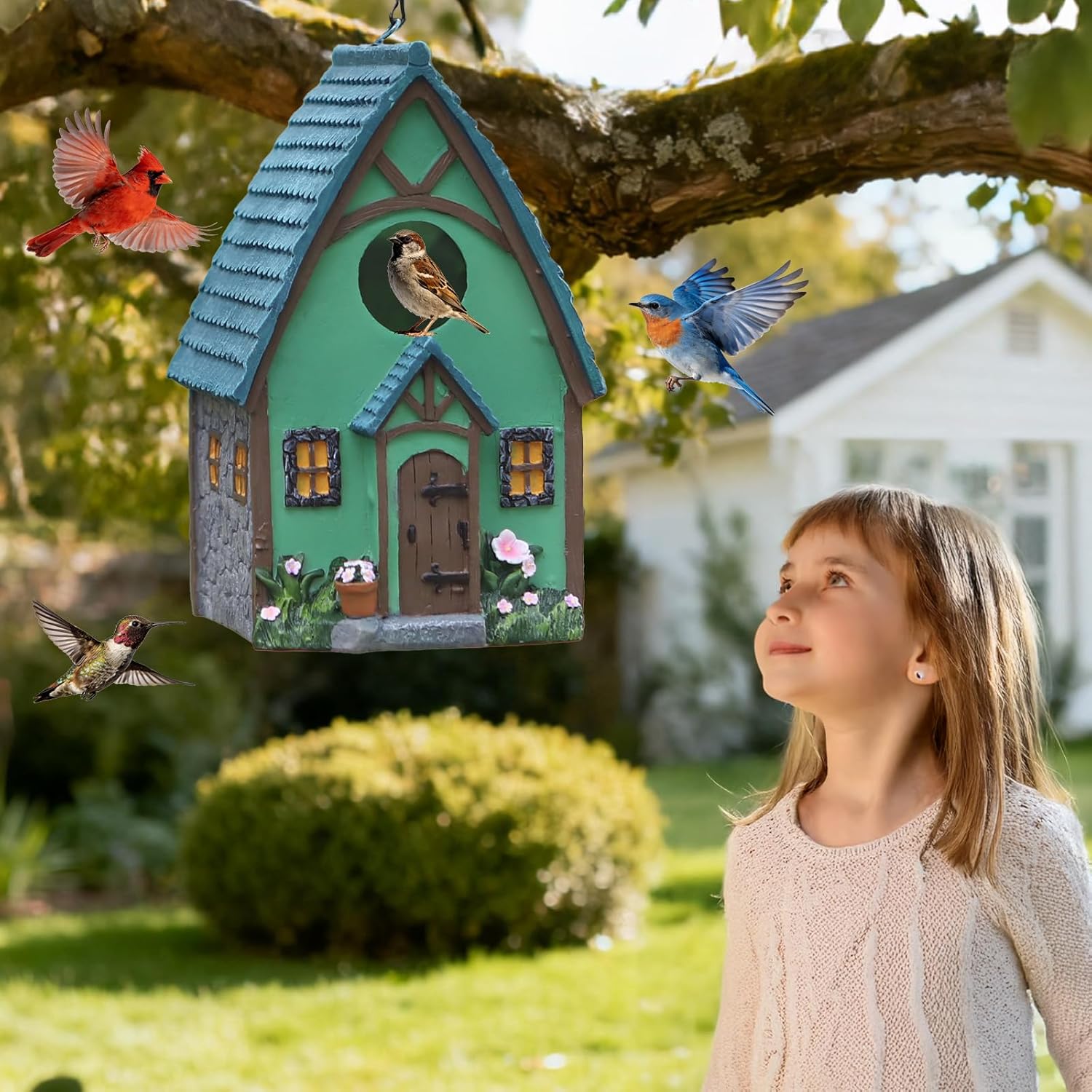 Bird Houses for Outside Green Cottage Resin Birdhouse, Garden Outdoor Decor Bird House with Flower and Stone Details, Birdhouses for Outdoors for Bluebird Finches Cardinals