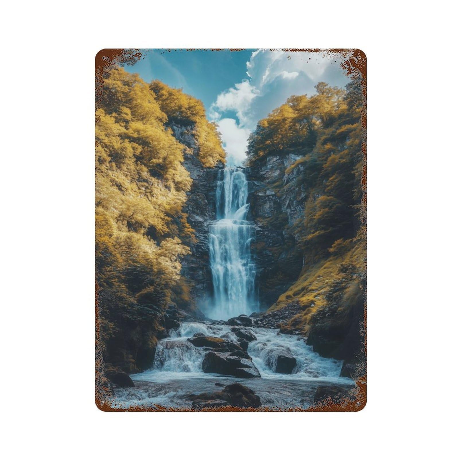 Vintage Rust Metal Sign Waterfall in The Forest 15.7"x11.8", Decorative Metal Wall Art for Basement, Hobby Room And Garage Decor