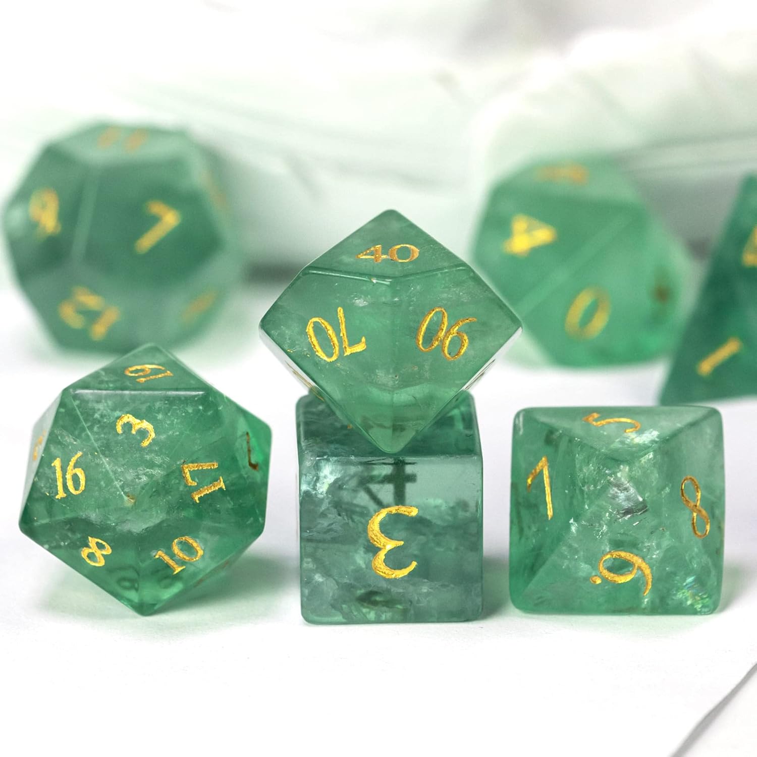 UDIXI Natural Gemstone Dice Set 7PCS Green Fluorite Crystal Stone DND Dice with Gift Case for Role Playing Games and Other Tabletop Games