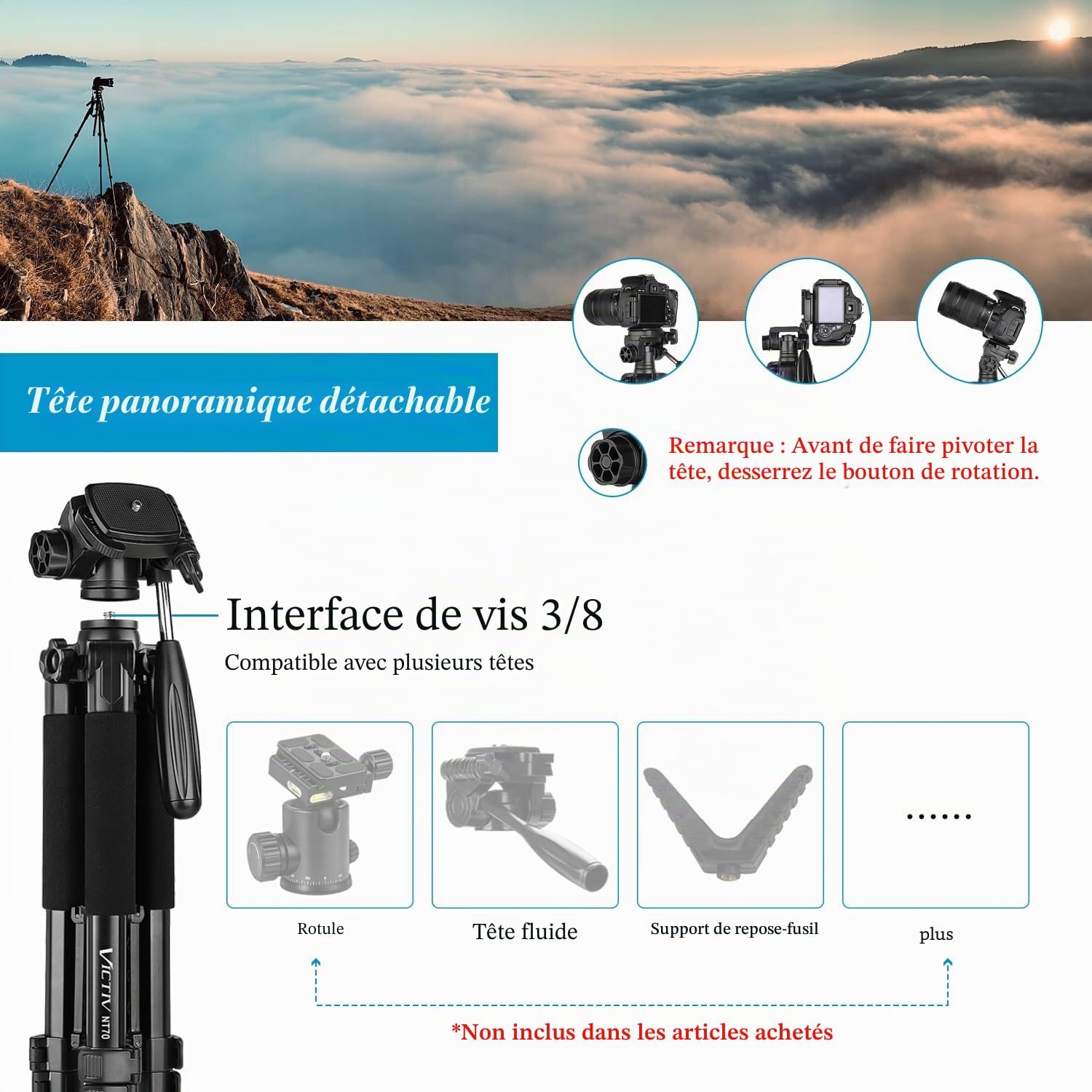 Trépied Appareil Photo pour Smartphone, Victiv 185cm Trépied Caméra en Alliage Aluminium Léger, avec tête pan Amovible à 3 Voies, Trepieds Photo Compatible DSLR Nikon Canon Camera (Nouveau Améliorer)