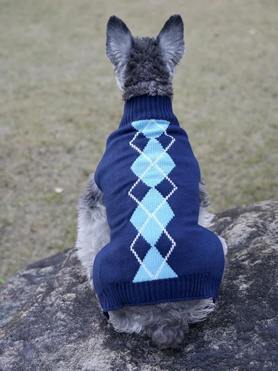 Alemon Navy Argyle Knit Pet Sweaters Clothes for Dogs Pets, Classic Blue Dog Sweater Small (S) Size