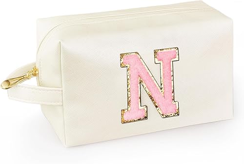 Vista 59 de Bolsa de maquillaje personalizada con inicial y asa, bolsa de cosméticos estilo preppy con bolsillo interior con cremallera, para niñas de 8 a 14