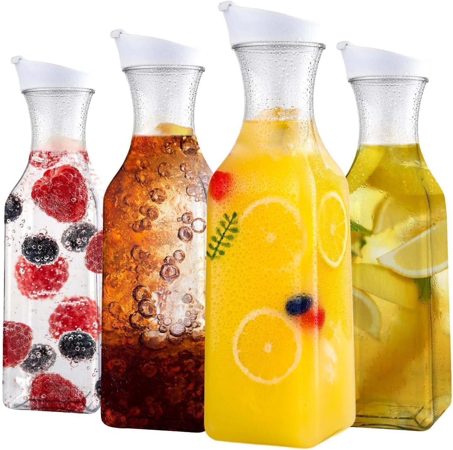 (Similar to) Set of 4 Plastic Carafe with Lid, 50 Oz Carafes for Mimosa Bar, Square Base Juice Containers, Water Bottle, Milk Container, Clear Beverage Containers for Fridge- HAND WASH ONLY