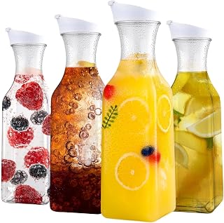 ZWYSLFCY Set of 4 50oz Clear Plastic Carafes with Flip Lids - Square Base Fridge Juice Milk Containers for Mimosa Bar - Hand Wash Only