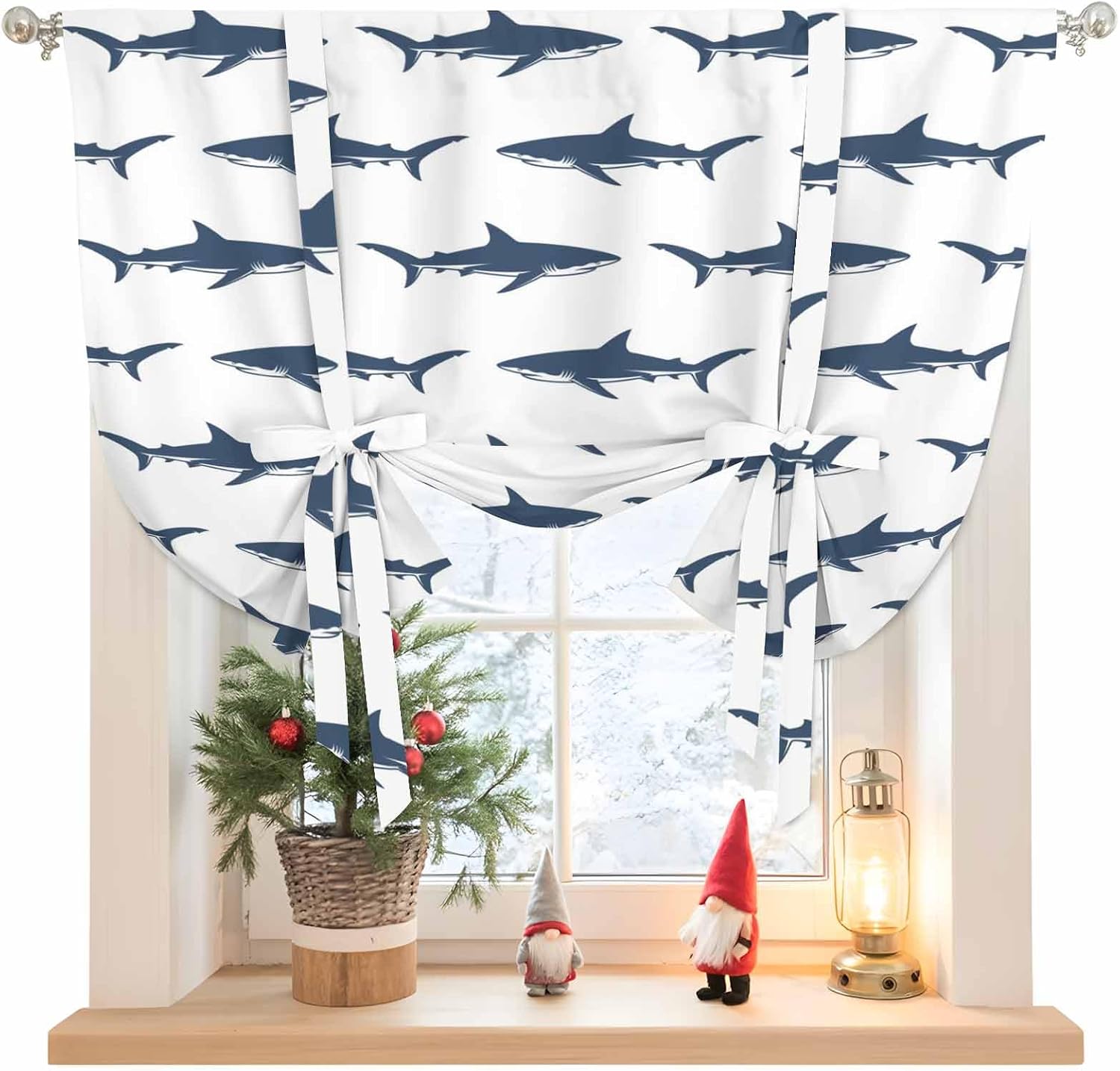 Blue Coastal Shark Tie Up Curtains for Windows 63 Inch Length Balloon Curtains Kitchen Adjustable Balloon Window Shade Ocean Sea Nautical Tie Up Valance Bathroom Curtain Window 46"x63"