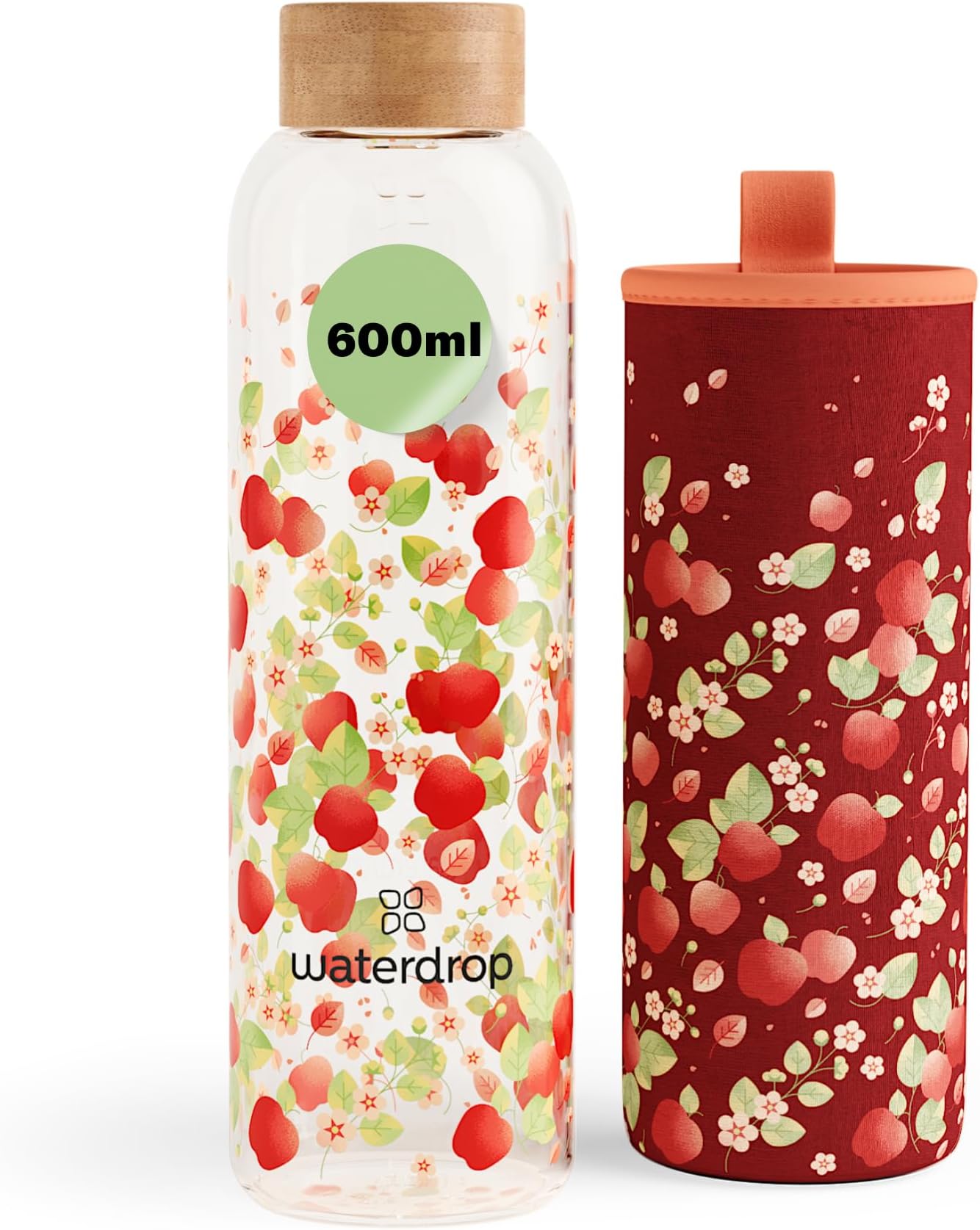 waterdrop® Glass Water Bottle 600ml – Water Flask with Bamboo Lid & Sleeve, Reusable Borosilicate Glass Flask, Leakproof, Ideal for Travel, Office, Gym, Home, BPA-free