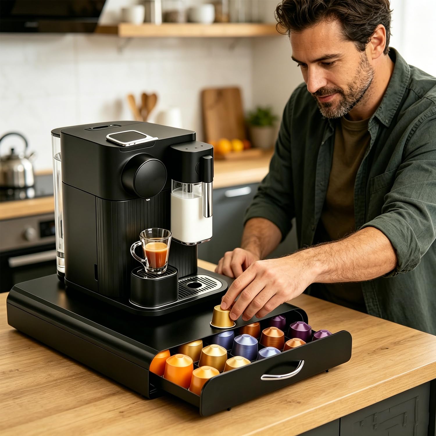 Soporte para cápsulas de café, organizador de cajón de cápsulas de café de 50 cápsulas para cápsulas Dolce Gusto/NES-presso/Vertuoline, soporte de almacenamiento de acero compatible con cafeteras para