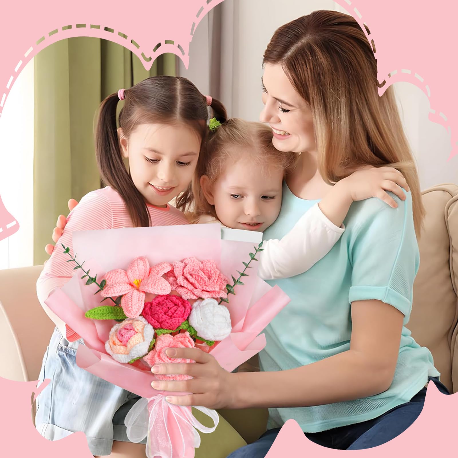 UXORSN Bouquet di fiori all'uncinetto Tessuti a mano Artificiali Rose tulipano Lavorati a Maglia Fiori Composizione Floreale Finta per Festa Della Mamma Anniversario Compleanno Laurea Regalo (Rosa)