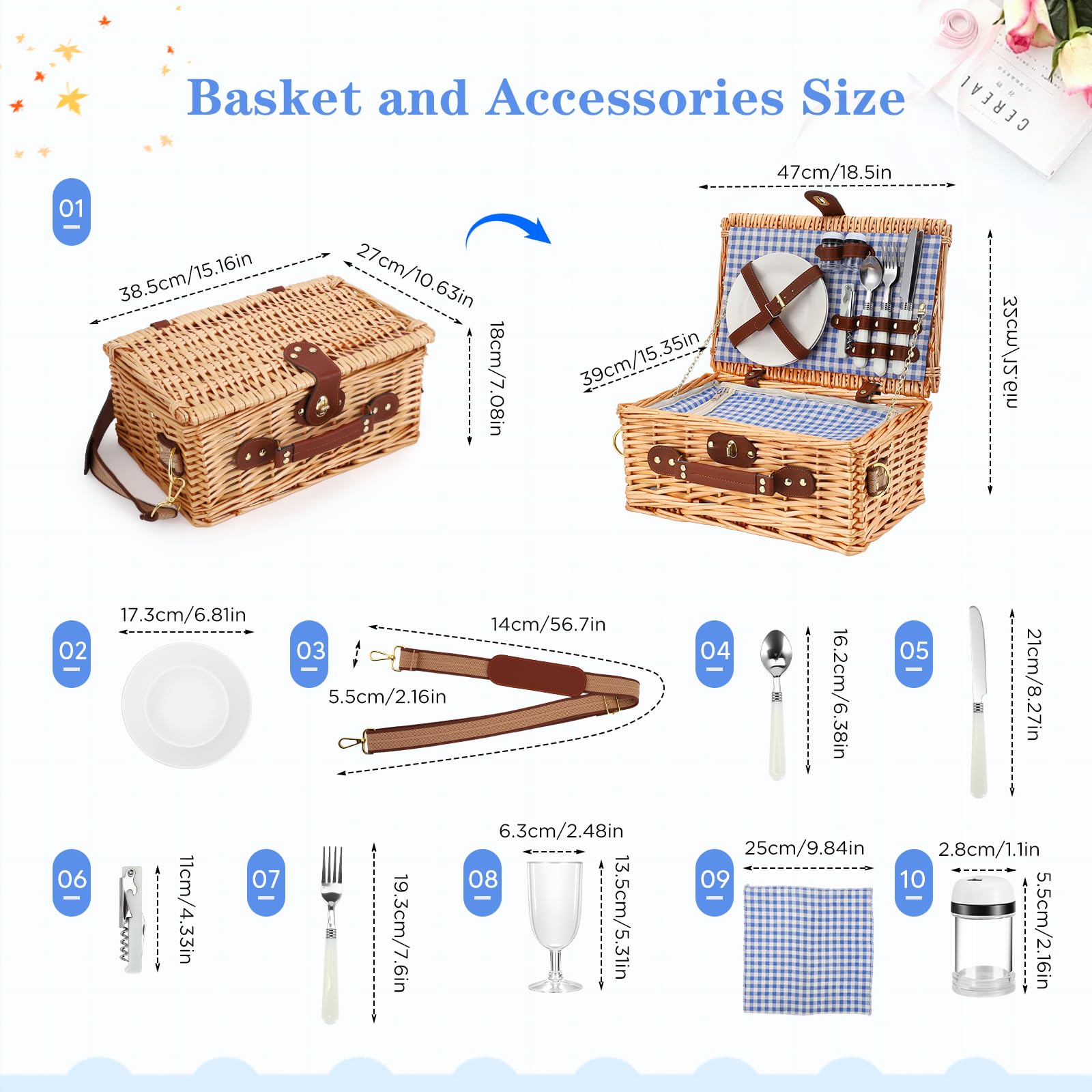 Cesto da Picnic in Vimini per 2 Persone con Scomparto Termico, Blu