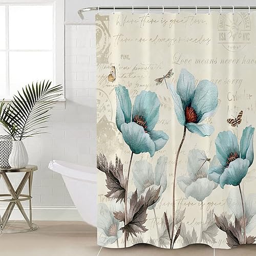 Miniatura 3 de Cortina de ducha impermeable, diseño retro, con 12 ganchos, diseño floral, mariposa, libélula, con 12 ganchos, cortinas de baño para casa rural,