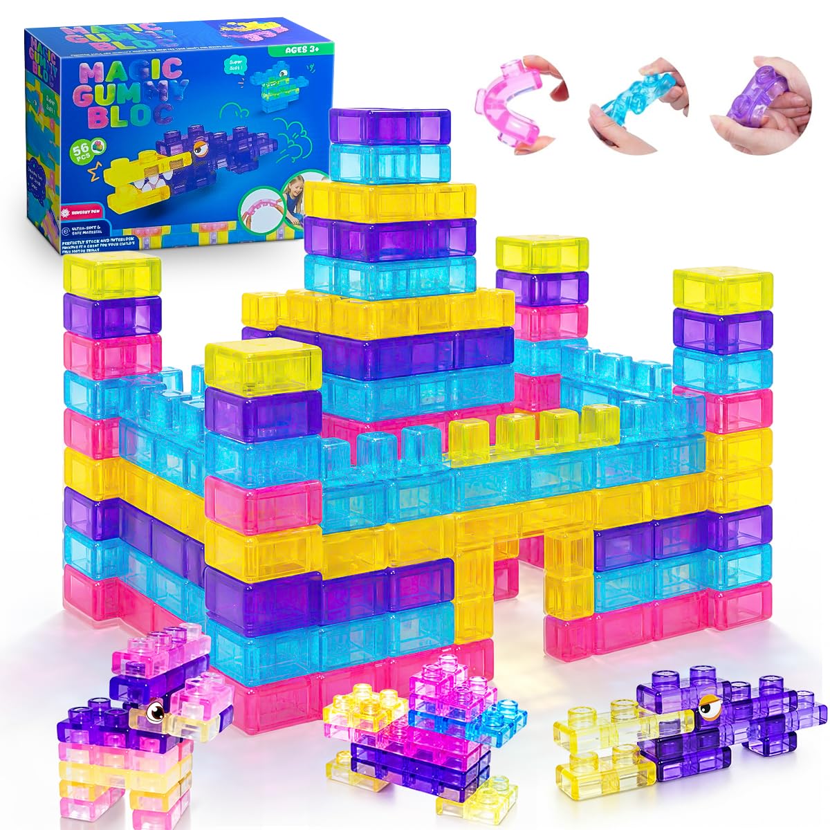 Cosaway 56PCS Large Gummy Blocks for Toddlers 3+ Years Old, Squishy Soft Bloc Stacking Toy Sets, Early Learning Toys for Boys and Girls Gifts 3 4 5 Years