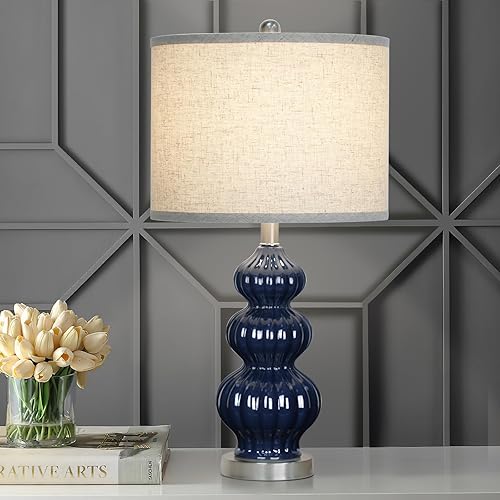 Miniatura 7 de Lámpara de mesa de cerámica de 25 pulgadas, color azul marino, triple calabaza, lámpara de mesa moderna para dormitorio, sala de estar, bombilla