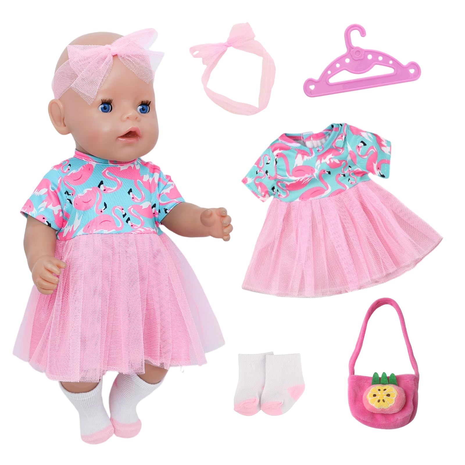 Flamingo Baby Puppen Puppenkleidung 35-43 cm，5 Stück Süße Babykleidung Outfits für 14-18 Zoll Baby Puppen mit 1 Kleid 1 Haarband 1 Plüschtasche 1 Socken 1 Hänger für Puppenzubehör Kinder Geschenke